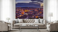 Tufted beige sofa and glass coffee table framed by a panoramic Rome mural GD14206