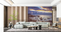 Pale mint sofa and wood slat panels next to a rocky shoreline wall mural GD14207