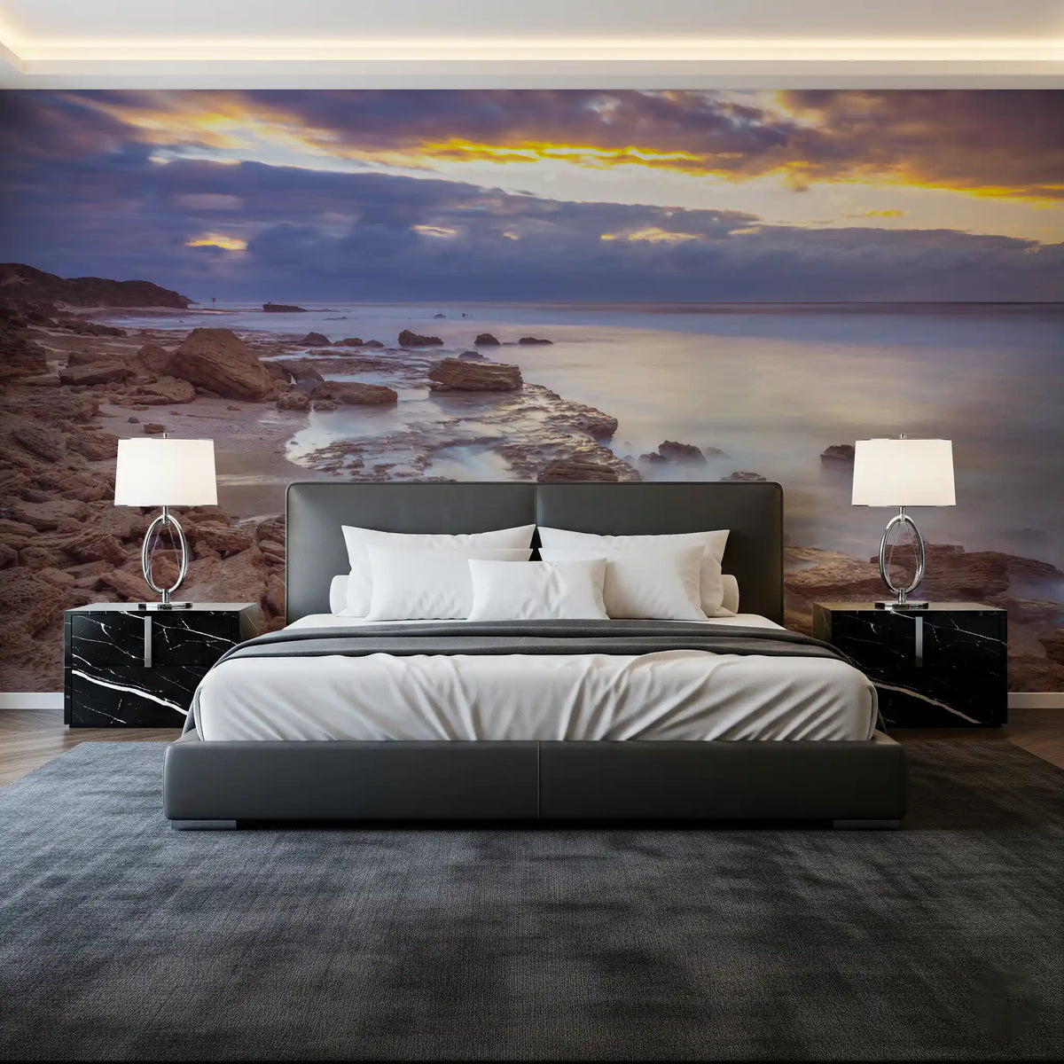 Dark gray upholstered bed and black marble nightstands with a rocky shore mural GD14207