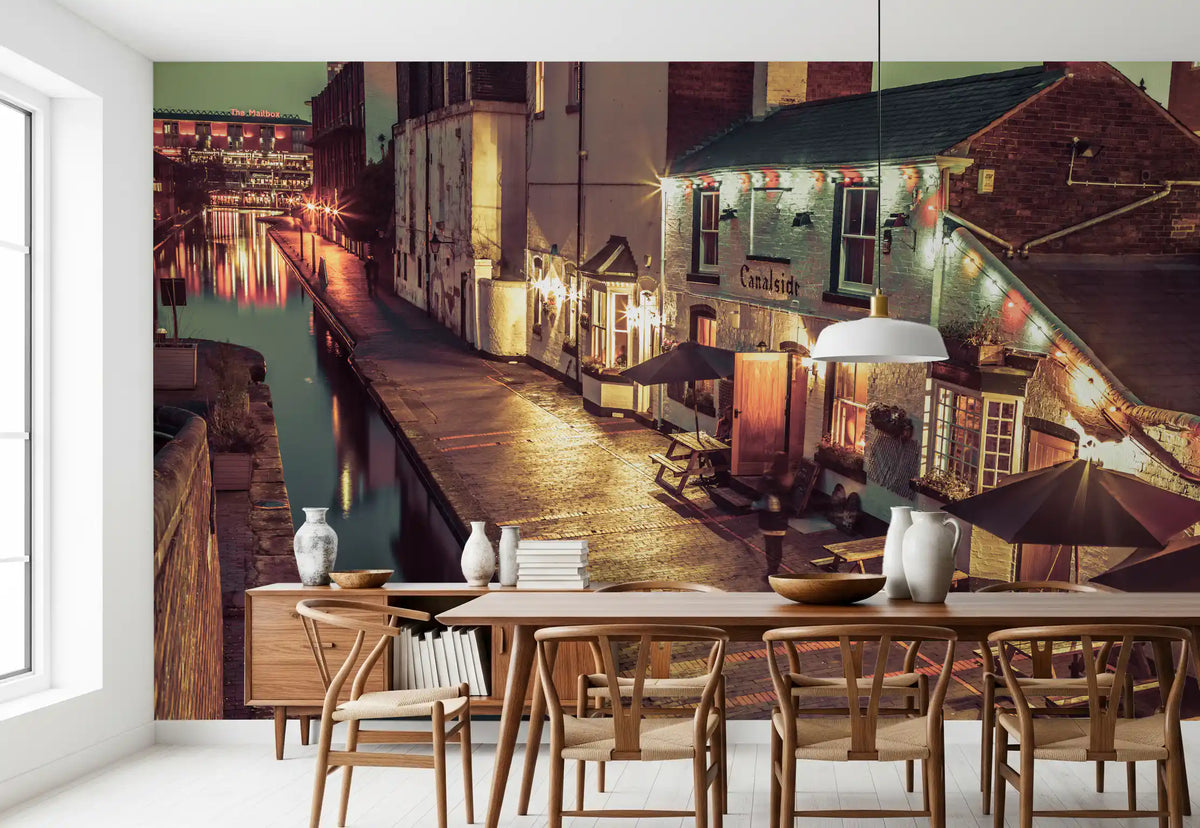 City wallpaper in a dining room with wishbone chairs and a white pendant GD14208