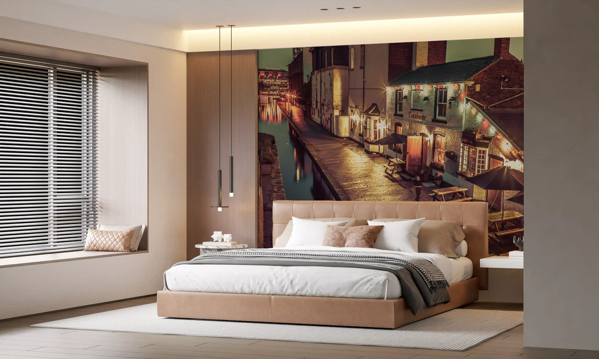 City wallpaper in a bedroom with tan upholstered bed and window blinds GD14208
