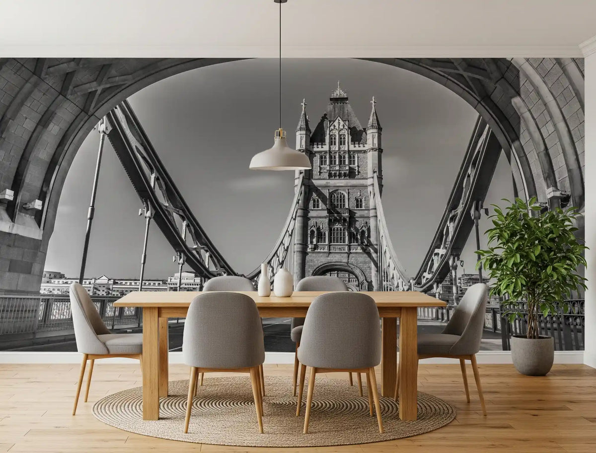 Light wood dining table, gray chairs and round jute rug with a Gothic tower mural GD14209
