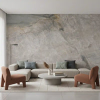 Marble wallpaper behind a white sofa and two rust colored lounge chairs GD14211
