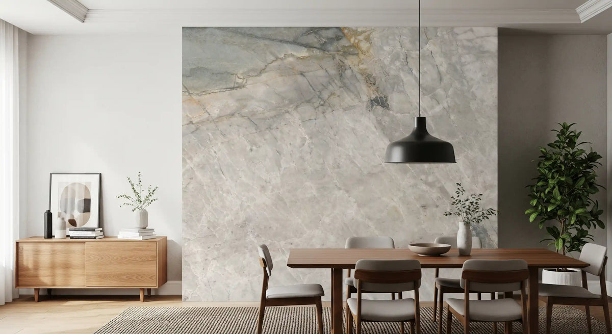 Marble wallpaper in a dining room with a walnut table, gray chairs and black pendant GD14211