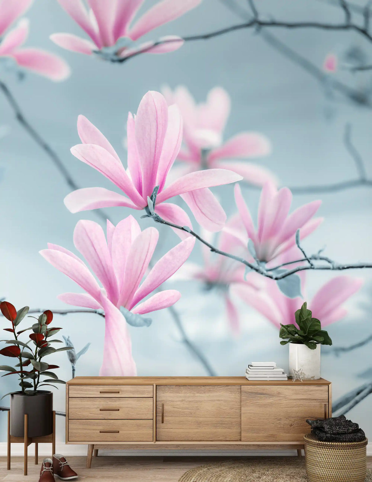 Papier peint panoramique de branches de magnolia minimalistes