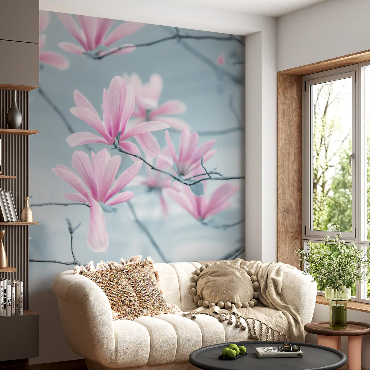 Papier peint panoramique de branches de magnolia minimalistes
