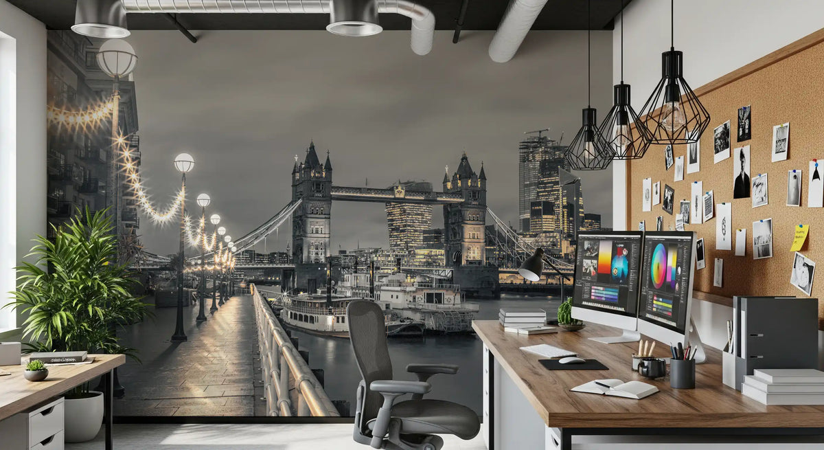 London wallpaper in a home office with dual monitors, cork board and black pendants GD14214