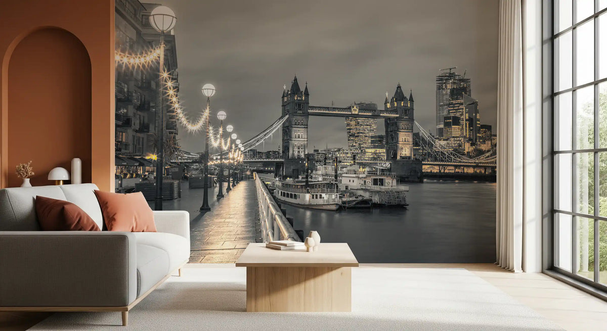 City river mural beside a terracotta arch with a gray sofa and rust cushions GD14214