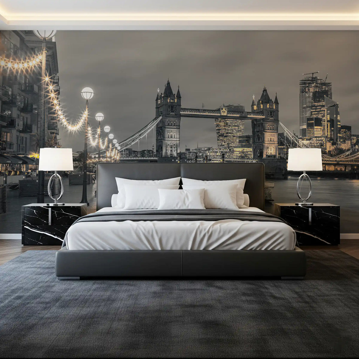 London wallpaper behind a dark upholstered bed with white bedding and black nightstands GD14214