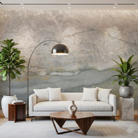 Gray stone mural behind a white sofa, walnut coffee table and arc floor lamp GD14215
