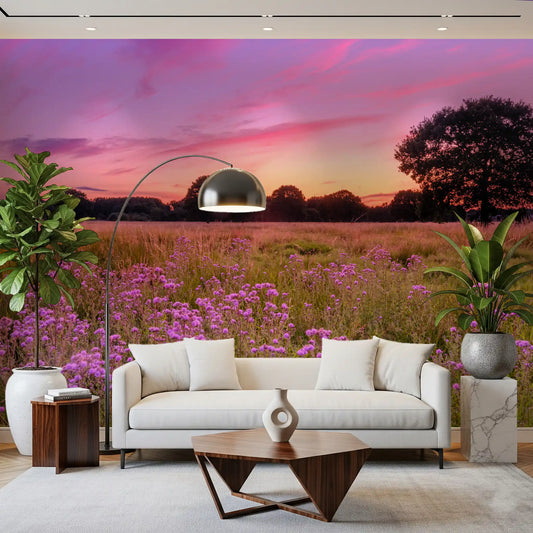 Prairie violette à l’horizon - fresque murale paysagère