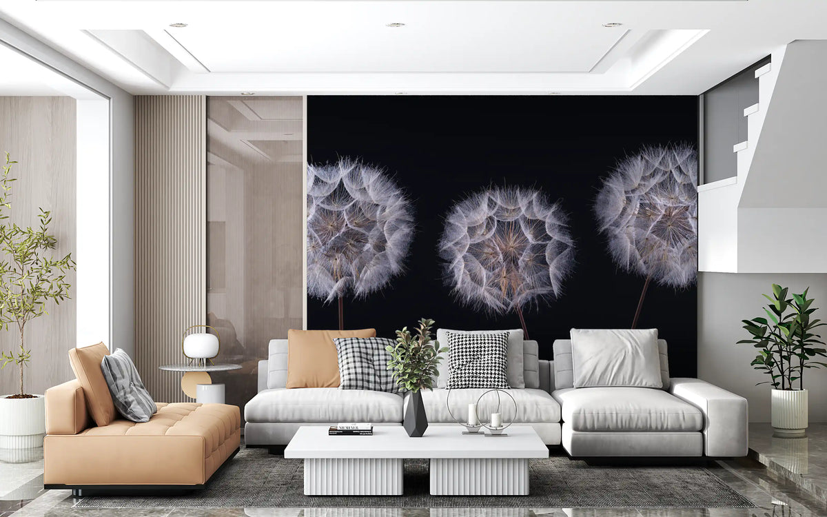 White sectional sofa and tan armchair in a bright lounge against black dandelion wallpaper GD14218