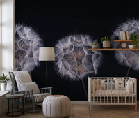 Nursery with wooden crib, rocking chair and wall shelf on black dandelion wallpaper GD14218