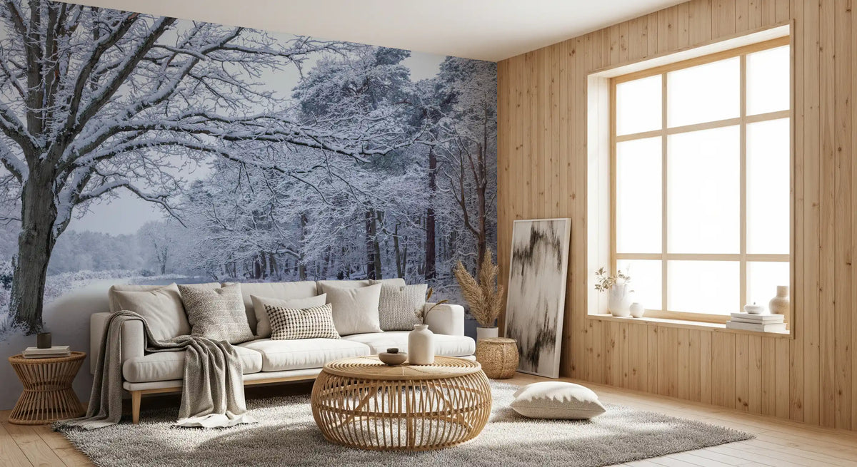 Veggmaleri med snødekt elvesti