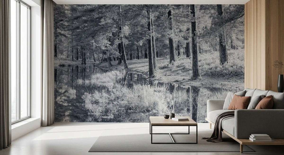 Fresque murale d’un reflet de forêt de pins monochrome