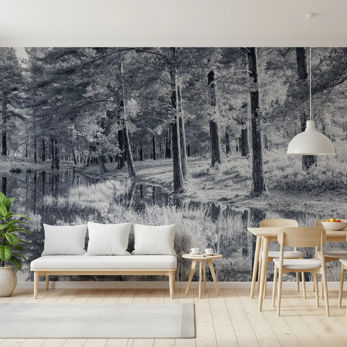 Fresque murale d’un reflet de forêt de pins monochrome