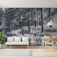 Fresque murale d’un reflet de forêt de pins monochrome