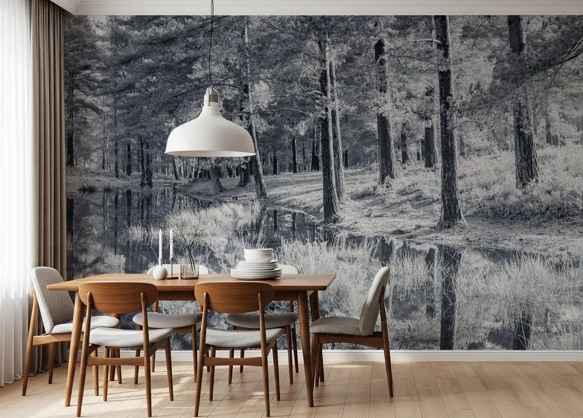 Fresque murale d’un reflet de forêt de pins monochrome