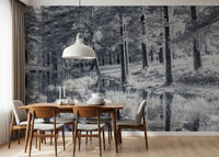 Fresque murale d’un reflet de forêt de pins monochrome