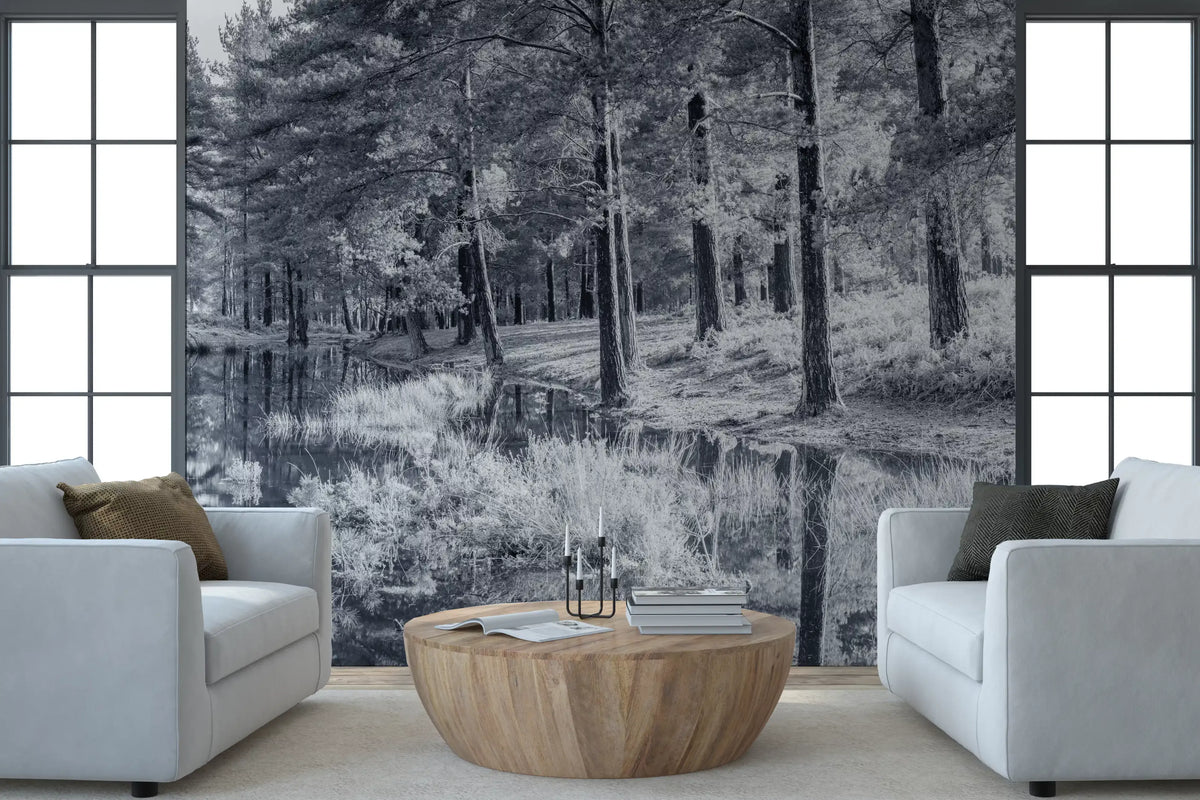 Fresque murale d’un reflet de forêt de pins monochrome