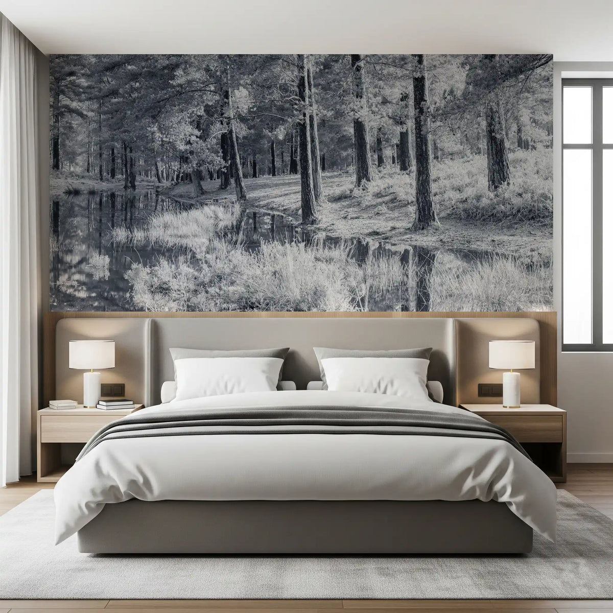 Fresque murale d’un reflet de forêt de pins monochrome