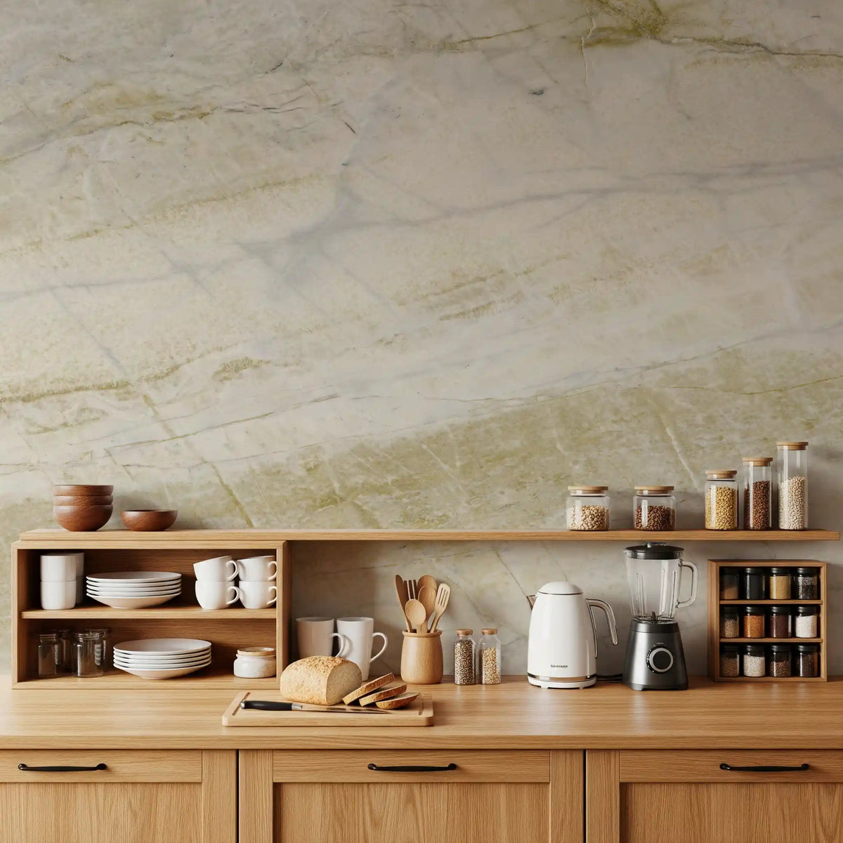 Carta da parati murale con venature di marmo crema e ocra