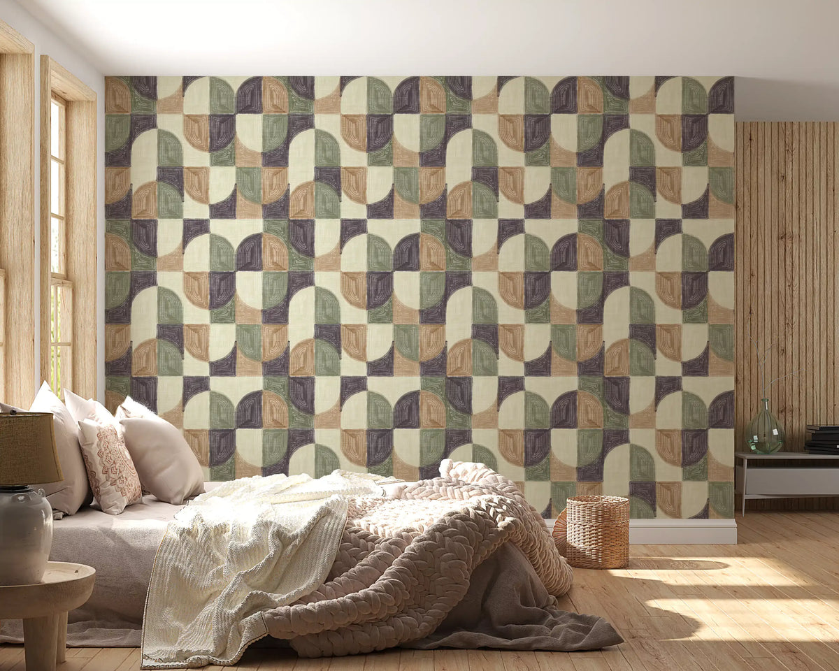 Papier peint géométrique audacieux et texturé, peint à la main, aux harmonies de couleurs soigneusement choisies