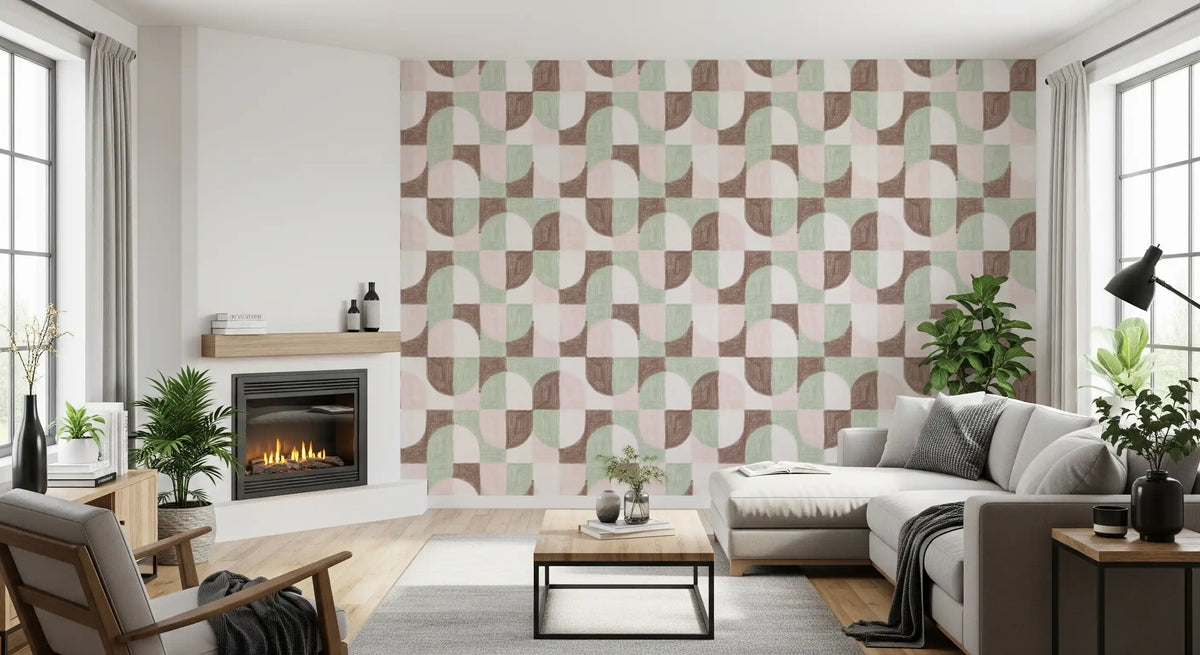 Uttrycksfull, texturerad, handmålad geometrisk tapet i mjuk grandmillennialstil