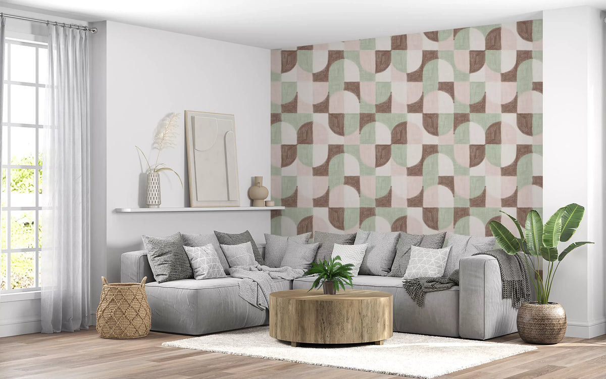 Uttrycksfull, texturerad, handmålad geometrisk tapet i mjuk grandmillennialstil