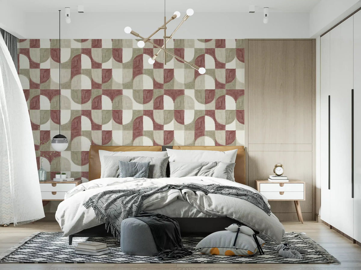 Carta da parati geometrica dai toni terrosi, dipinta a mano, dalla texture audace e dallo stile rustico da farmhouse