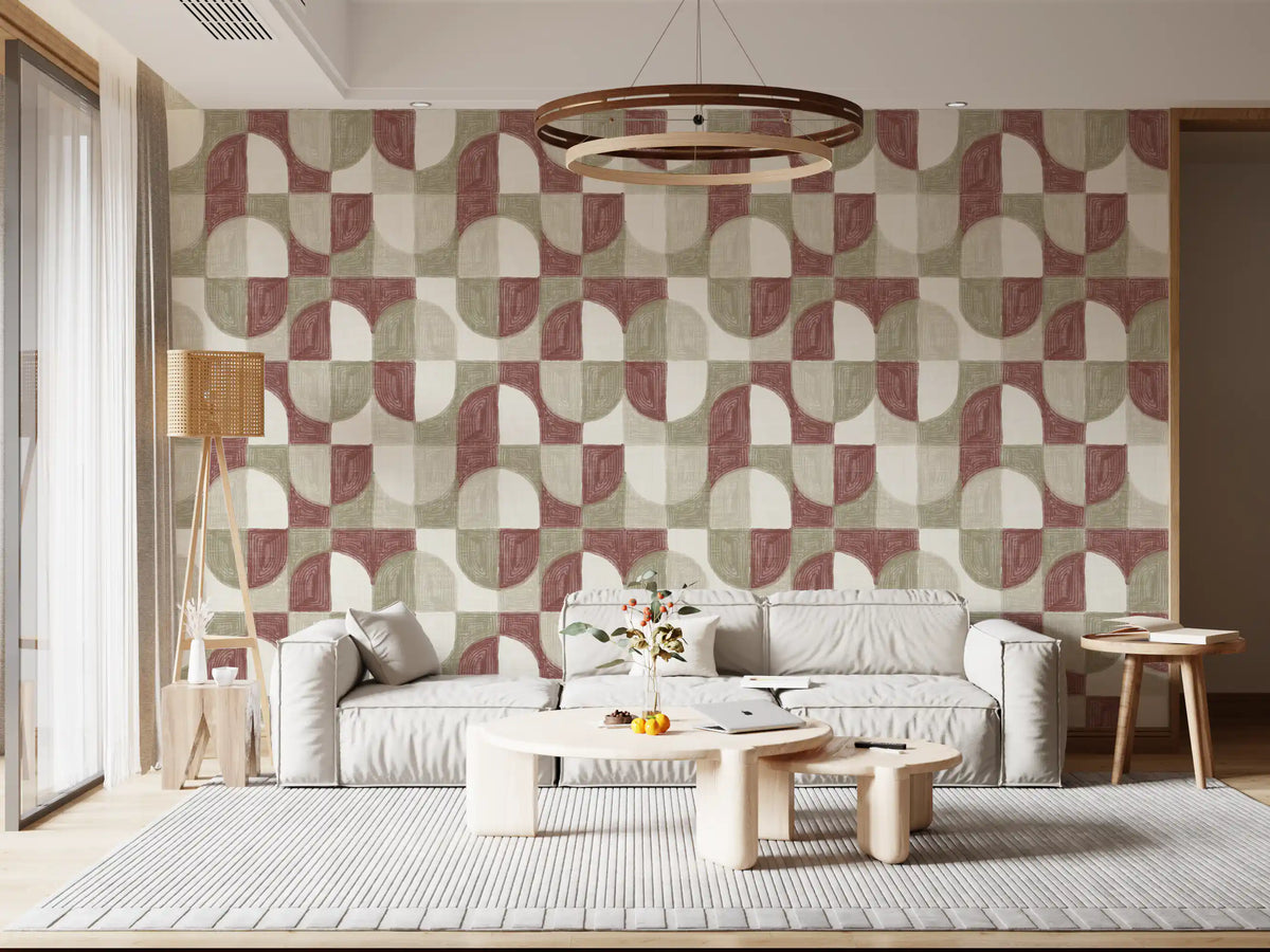 Carta da parati geometrica dai toni terrosi, dipinta a mano, dalla texture audace e dallo stile rustico da farmhouse