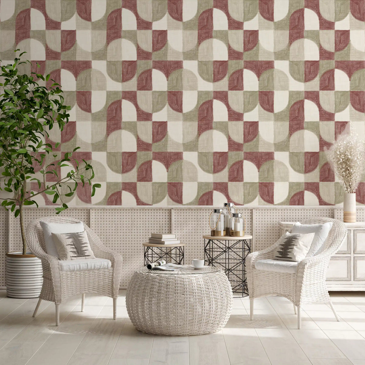 Carta da parati geometrica dai toni terrosi, dipinta a mano, dalla texture audace e dallo stile rustico da farmhouse
