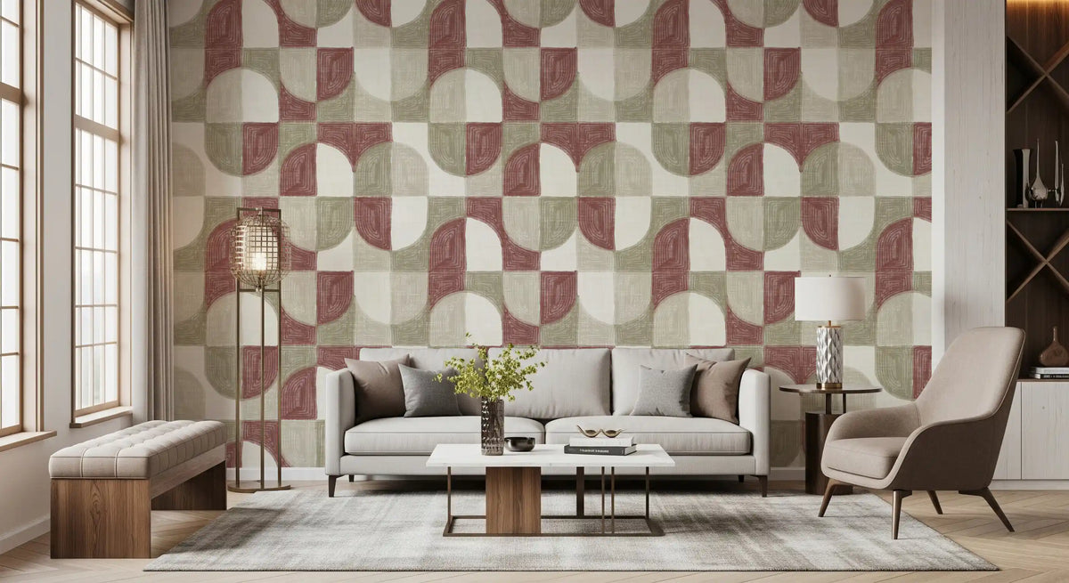 Carta da parati geometrica dai toni terrosi, dipinta a mano, dalla texture audace e dallo stile rustico da farmhouse