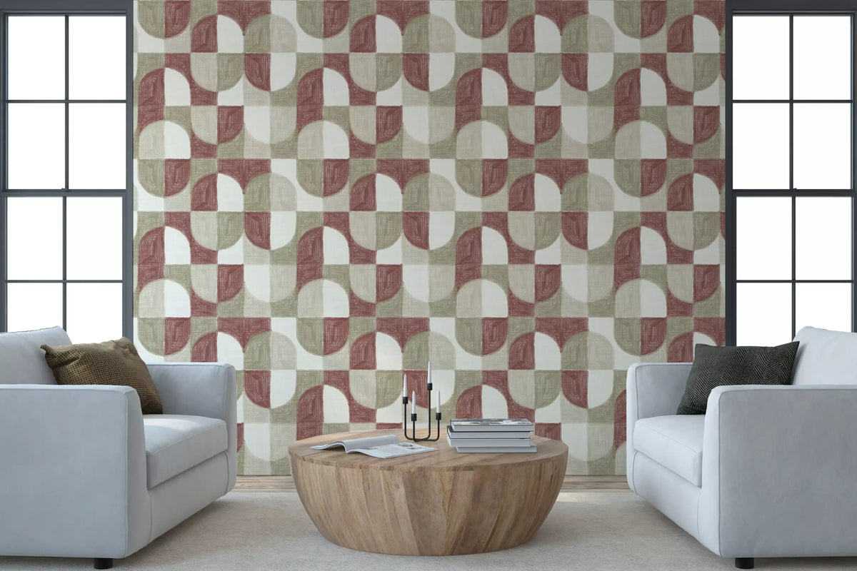 Carta da parati geometrica dai toni terrosi, dipinta a mano, dalla texture audace e dallo stile rustico da farmhouse