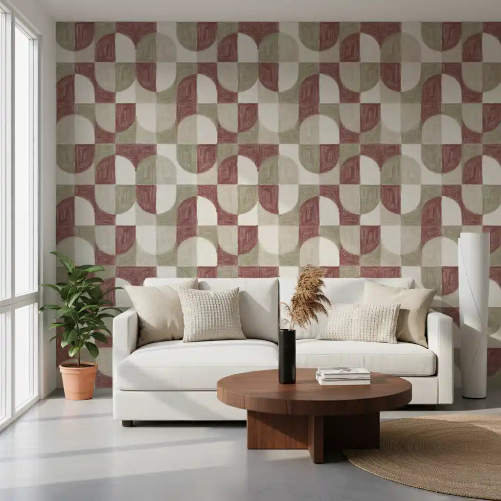 Carta da parati geometrica dai toni terrosi, dipinta a mano, dalla texture audace e dallo stile rustico da farmhouse