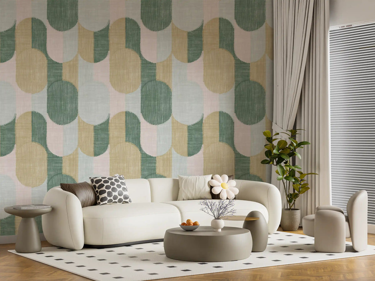 Midcentury geometrisk tapet med teksturerte, håndmalte former i vakker balanse⁠