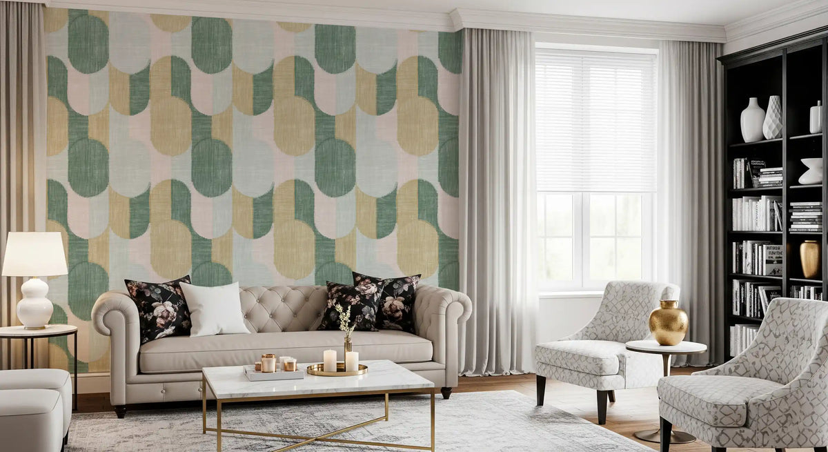 Midcentury geometrisk tapet med teksturerte, håndmalte former i vakker balanse⁠