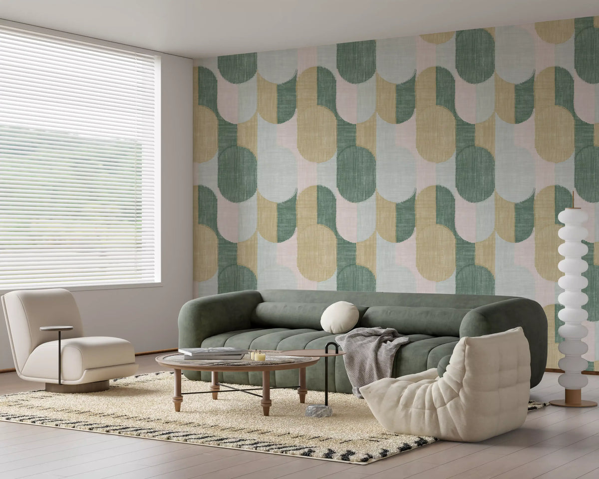 Midcentury geometrisk tapet med teksturerte, håndmalte former i vakker balanse⁠