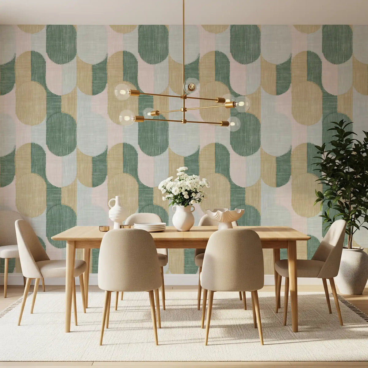 Midcentury geometrisk tapet med teksturerte, håndmalte former i vakker balanse⁠