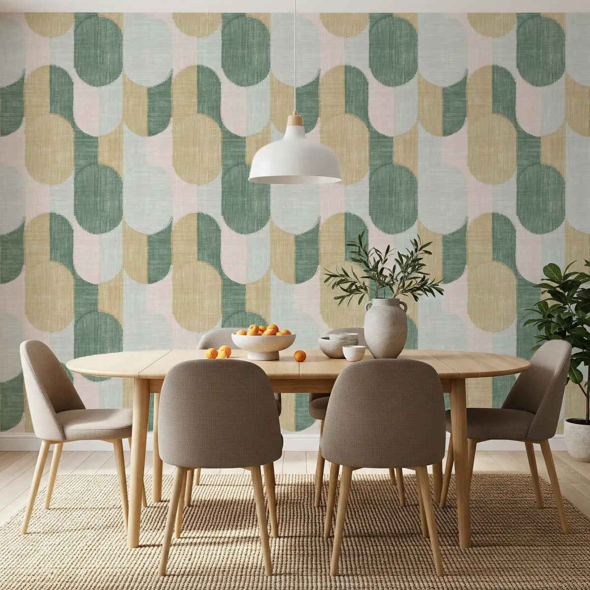 Midcentury geometrisk tapet med teksturerte, håndmalte former i vakker balanse⁠