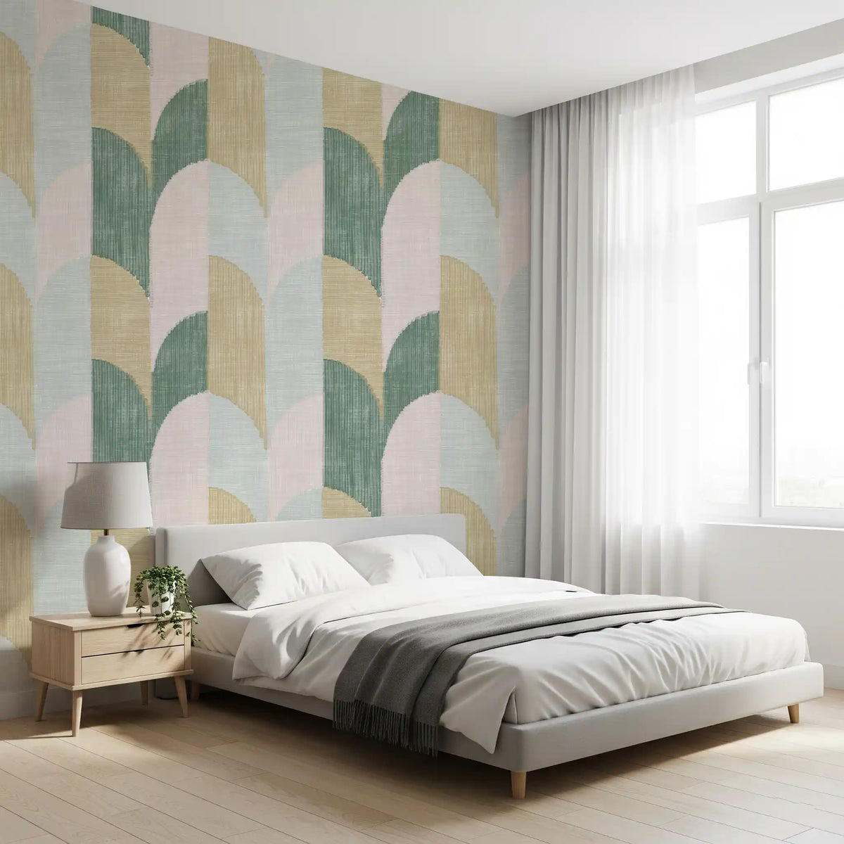 Vackert balanserad tapet med handmålade geometriska former med mid-century modern-känsla och struktur⁠