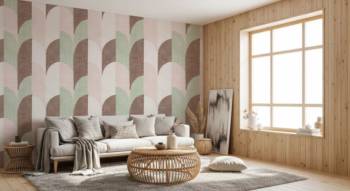 Zacht behang met handgeschilderde geometrische vormen in midcentury-modernstijl, een genot voor grandmillennials