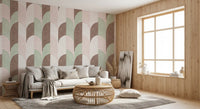 Zacht behang met handgeschilderde geometrische vormen in midcentury-modernstijl, een genot voor grandmillennials