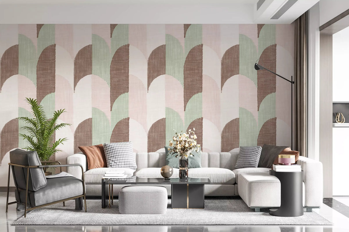 Zacht behang met handgeschilderde geometrische vormen in midcentury-modernstijl, een genot voor grandmillennials