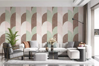Zacht behang met handgeschilderde geometrische vormen in midcentury-modernstijl, een genot voor grandmillennials