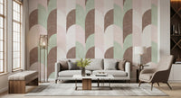 Zacht behang met handgeschilderde geometrische vormen in midcentury-modernstijl, een genot voor grandmillennials