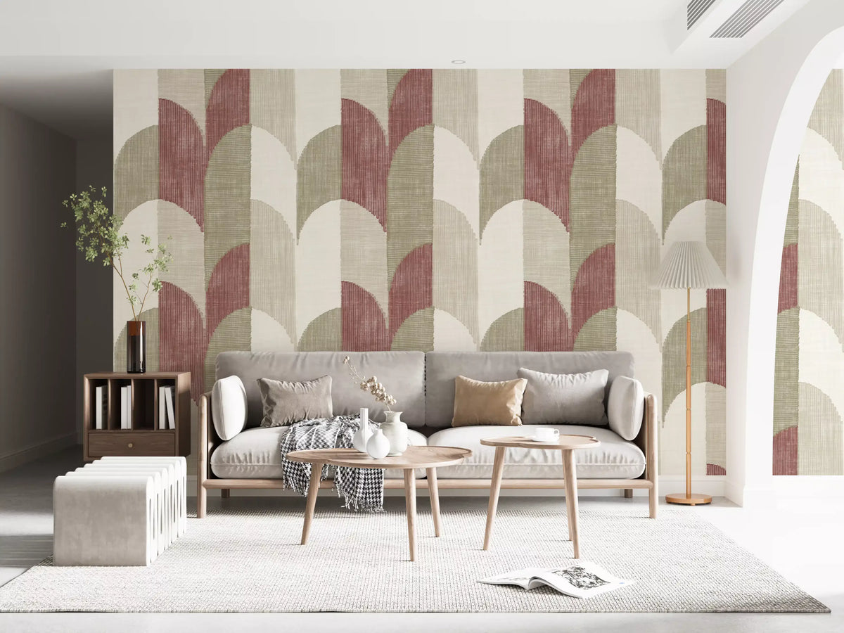Carta da parati con motivi geometrici materici dipinti a mano, stile rustico da fattoria e tonalità terrose Mid Mod
