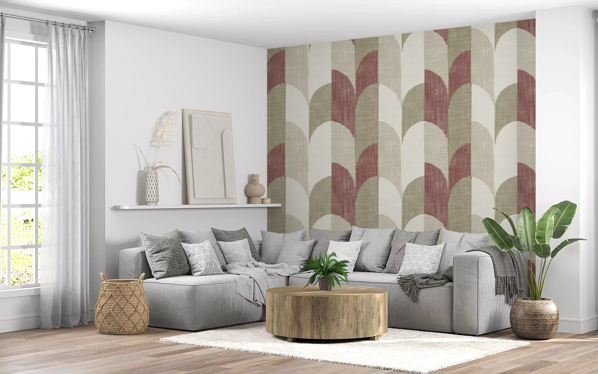 Carta da parati con motivi geometrici materici dipinti a mano, stile rustico da fattoria e tonalità terrose Mid Mod