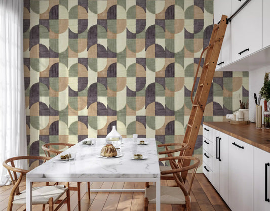 Carta da parati con motivi geometrici dipinti a mano, texture a piastrelle e tonalità armoniose selezionate