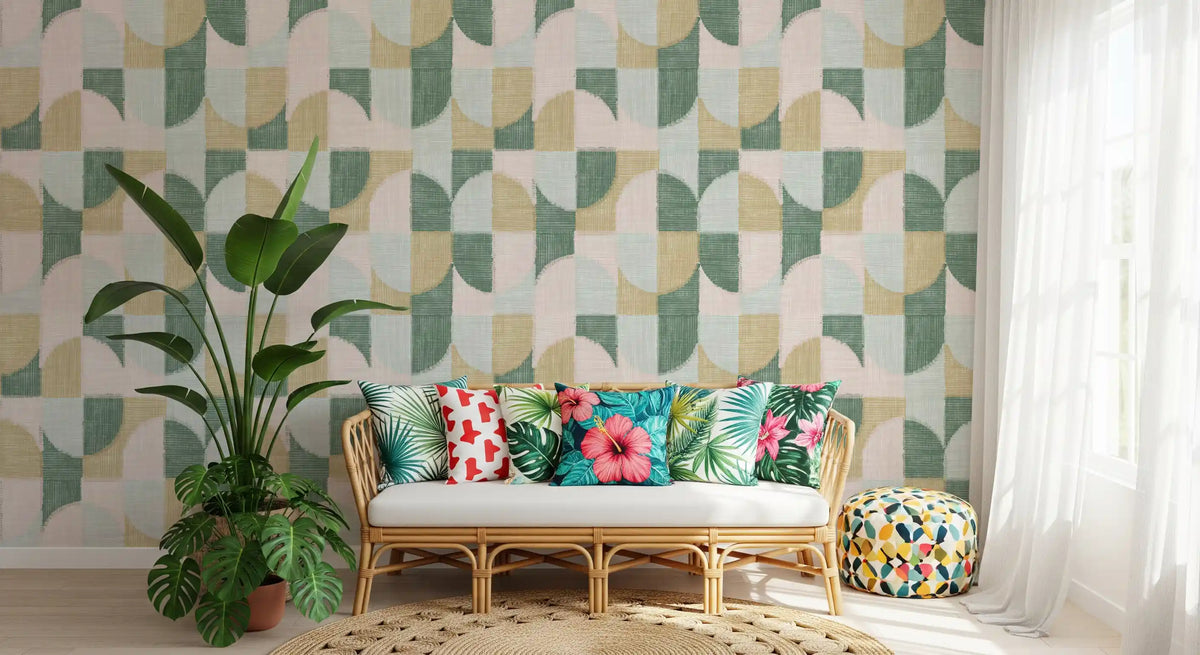 Carta da parati con motivi geometrici dipinti a mano, effetto piastrellato e texture, splendidamente armoniosa⁠